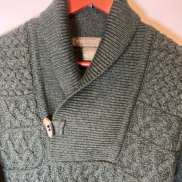 Aran Crafts Irish Cable Knit Forest Green Shawl Collar Sweater 100% Merino Wool - Picture 6 of 14